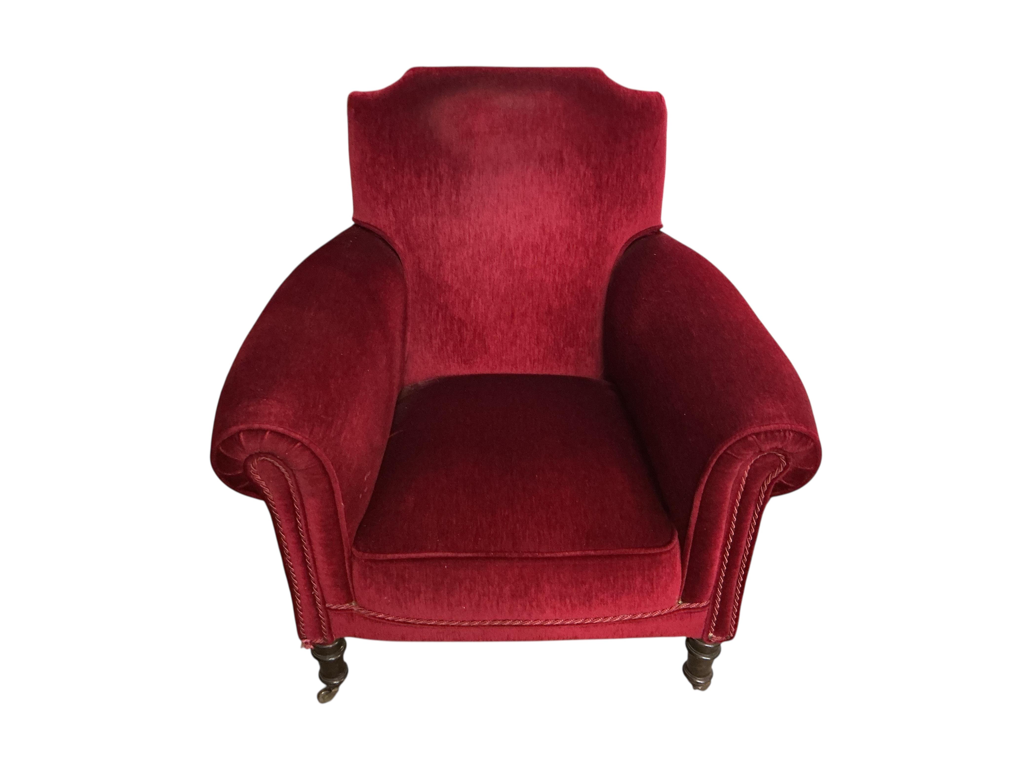 A late Victorian upholstered three piece suite, settee width 136cm, depth 80cm, height 90cm.